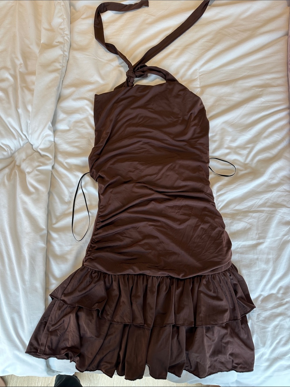 Chocolate Brown Halter Mini Dress with Ruffle Hem